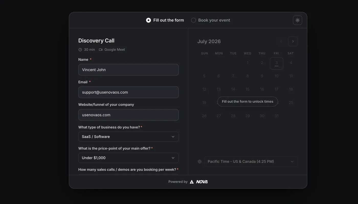 Nova OS booking page