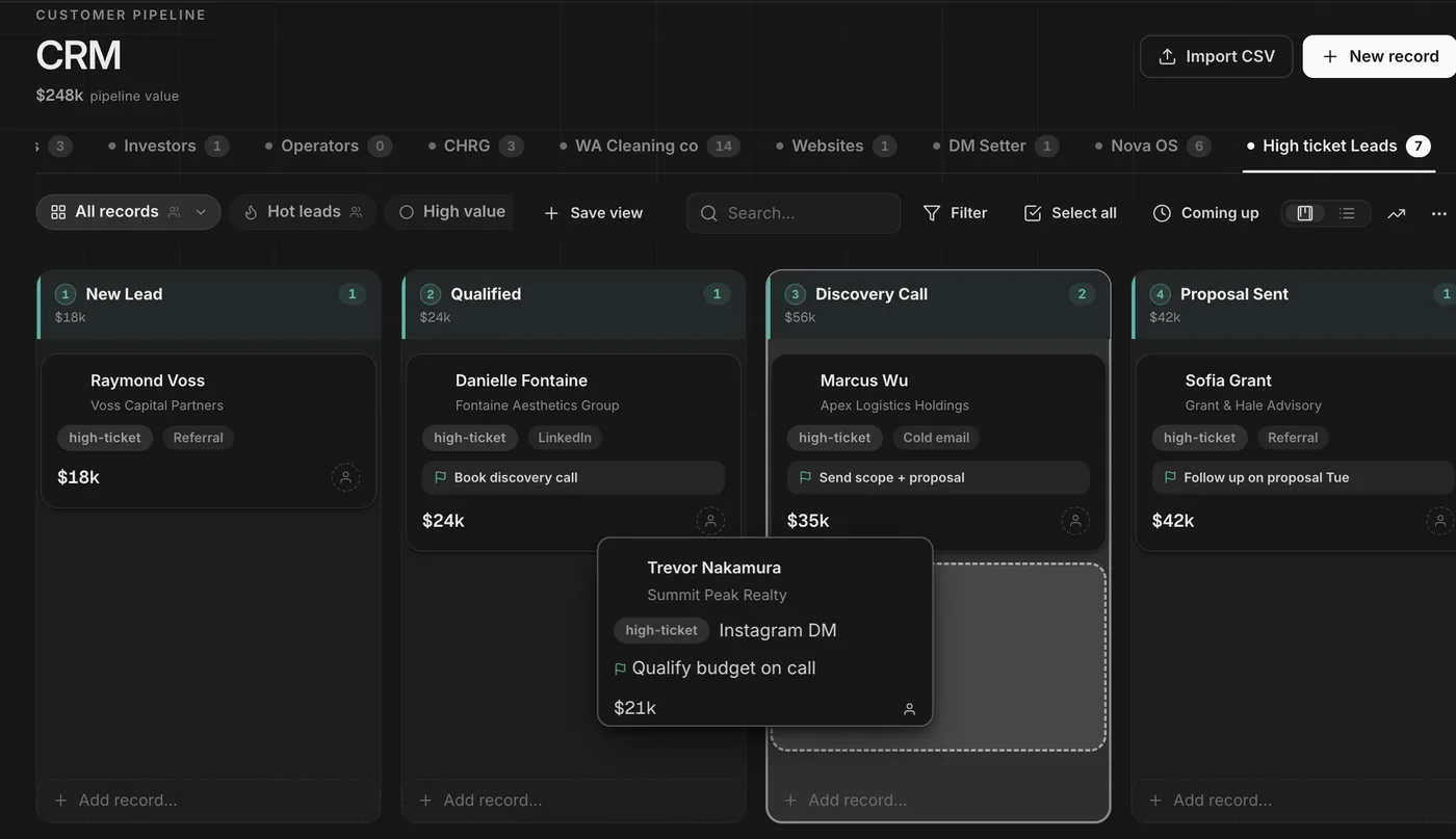 Nova OS CRM pipeline board