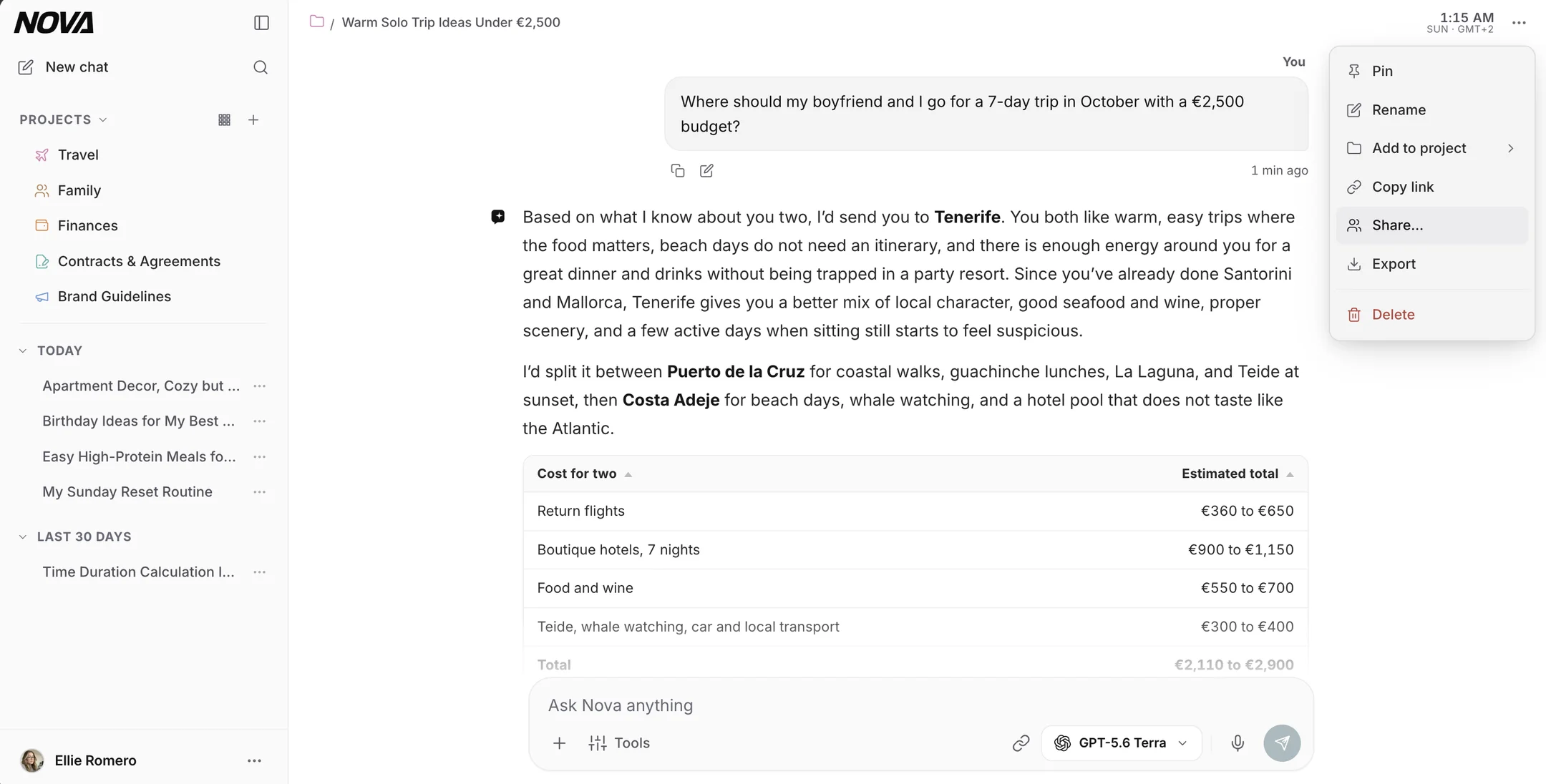 The Nova AI workspace: projects sidebar, a personalized trip plan with live pricing, model picker, dictation and sharing